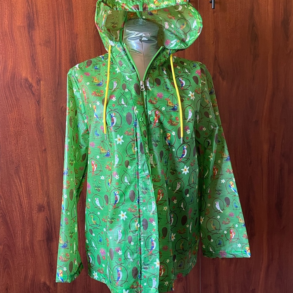 Disney Tiki Room Green Rain Jacket with Bird Design